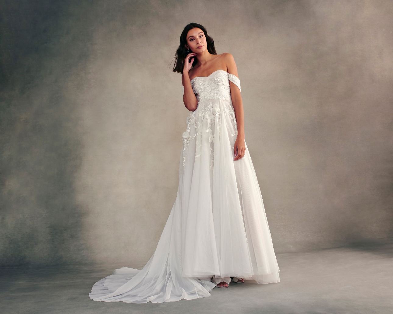 modern in off shoulder wedding dress with lace corset and floral applique